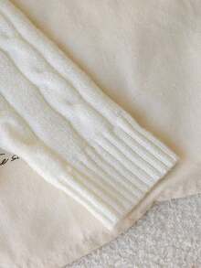 1 pieza Jersey de punto clásico de cable para niñas, jersey de punto de cuello en V de ajuste delgado de manga larga y grosor regular con decoración bordada de caballo negro, cómodo y versátil para primavera/otoño, uso diario casual o actividades al aire libre