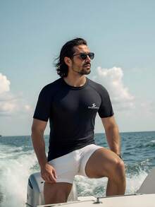 Manfinity Swimmode Men's Raglan Sleeve Round Neck Short Sleeve Casual Slim Fit Rash Guard Rashguard Men Swim Shirt For Men