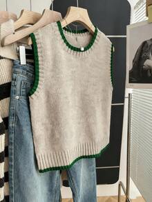 Franclia 女式休闲宽松圆领无袖针织撞色边卡其色毛衣上衣，春秋季