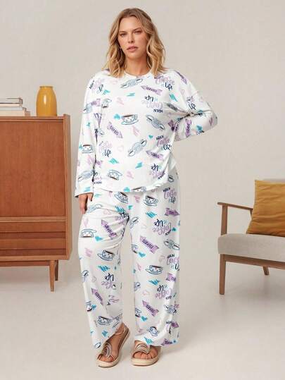 FRIENDS X SHEIN Plus Size Comfortable, Soft, Classic Coffee Cup Print Top & Pants Homewear White Pajama Set
