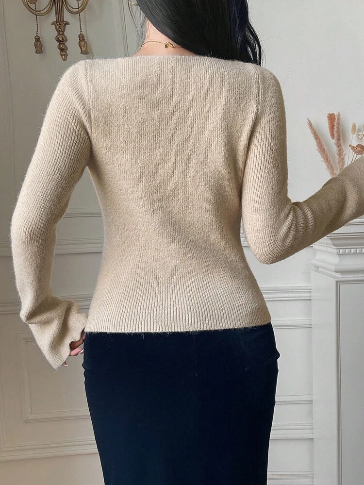 French Elegant 3D Floral Trumpet Sleeve Sweater, Autumn/Winter