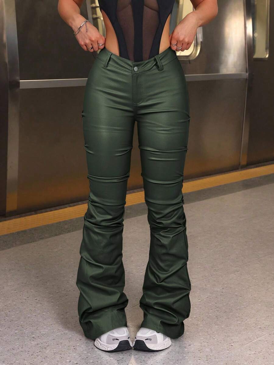 SHEIN ICON Women's Casual Fashion Street Pleated Flare Pants - Army Green - View 1