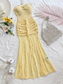 Soleia Women's Elegant Strapless Pale Yellow Lace Mermaid Midi Dress,Starfish Decor Semi-Sheer Ruffle Hem,Summer Beach Tropical Vacation Holiday Outfit - Light Yellow - View 1