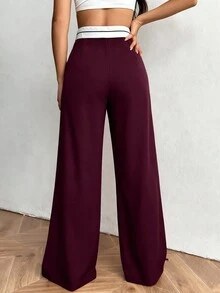 SHEIN EZwear 女士休闲/办公室酒红色撞色腰带阔腿裤秋冬酒红色高腰裤超大裤衩阔腿裤宽松裤 - 酒紅色 - 查看 2