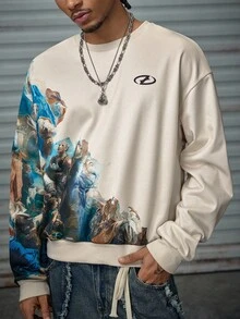 AXEPEAK Men's Patterned Sweatshirt Retro Oil Painting Print Round Neck Loose Long Sleeve Pullover Sweatshirt, For Fall Winter - Multicolor - View 6