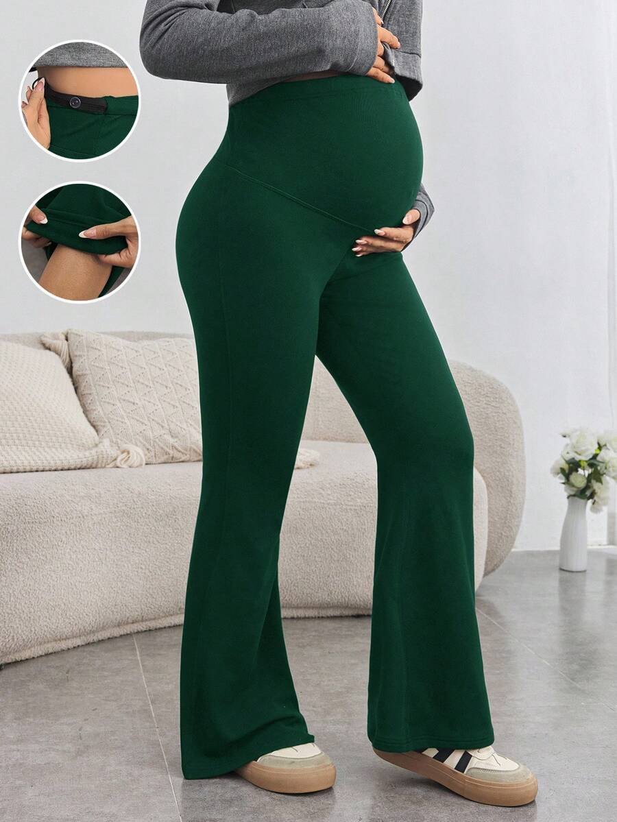 SHEIN Maternity Yoga Pants For Pregnant Women,Sage Green,Autumn,Casual,Gym High Waisted Skinny Flare Leg Leggings With Adjustable Waist Pregnancy Clothes - Green - View 1