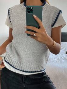 DAZY 女士休闲撞色针织背心，秋冬 - 灰色 - 查看 3