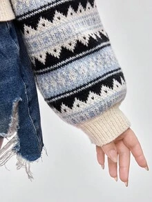 ROMWE Kawaii Große Größen Lässig vielseitiger schlankheitsoptimierender Fair Isle Strickjacke, Herbst/Winter - Grau - Übersicht 5