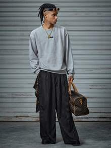 AXEPEAK 男士抽绳腰带条纹口袋阔腿宽松休闲裤，适合秋季 - 黑色 - 查看 7