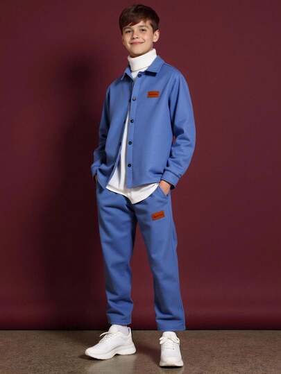 SHEIN 2 件儿童/青少年男童休闲日常百搭舒适翻领前开长袖宽松衬衫和直筒宽松裤梭织衬衫套装