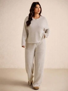 Elaquor Plus Size Striped Long Sleeve Top And Pants Two Pieces Casual Vacation Set Clothes For Women Spring