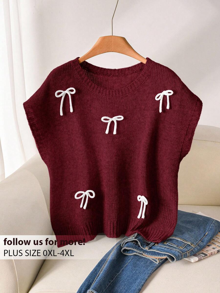 CosyJoli Plus Size Casual 3D Bow Round Neck Batwing Sleeve Loose Knit Top