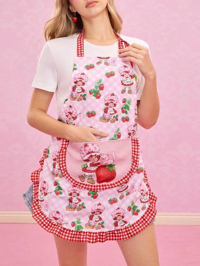 Strawberry Shortcake X SHEIN 1 pieza Delantal medio con estampado de fresa y encaje, adecuado para cocinar y hornear