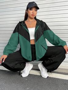 SHEIN EZwear Plus Size Color Block Drawstring Hooded Black & Green Jacket Winter Fall Autumn - Multicolor - View 5