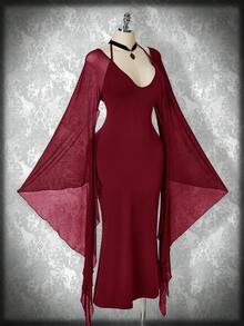 SHEIN ICON Váy bó sát tay cánh dơi phối lưới ôm sát cỡ lớn cho nữ, trang phục Halloween, Y2K, váy phù thủy cổ điển gợi cảm - Màu Đỏ Sâu - Xem 5