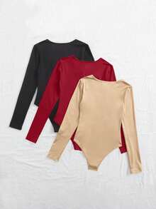 Chiquease Body femme col rond manches longues couleur unie - Rouge - Voir 3