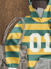 SHEIN EZwear Áo nỉ in họa tiết với các sọc tương phản rực rỡ, hình ảnh huy hiệu số, phù hợp cho mùa thu/đông, các cuộc đua, phong cách đường phố retro sành điệu. - Nhiều màu - Xem 3