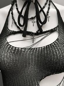 StreetHx Streetwear Women's Solid Black Hollow Out Crochet Sleeveless Knit Top - Black - View 3