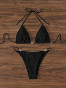 SHEIN Swim Solid Color Textured Backless Halter Neck Two-Piece Bikini Set, Summer Beach - Black - View 5
