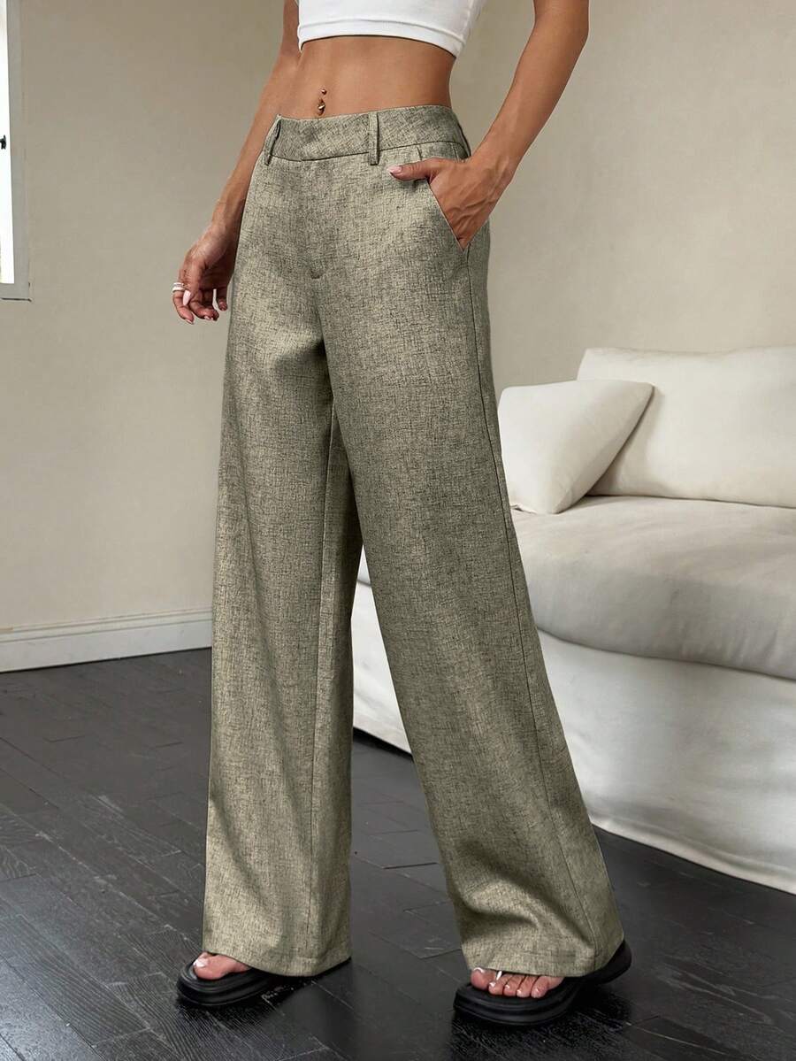 Flirla 女式简约优雅通勤高腰阔腿裤，百搭修身长裤 - 灰色 - 查看 1