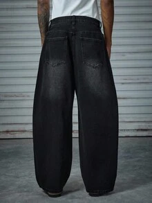 AXEPEAK 男式宽松休闲时尚百搭水钻装饰口袋牛仔裤 - 黑色 - 查看 2