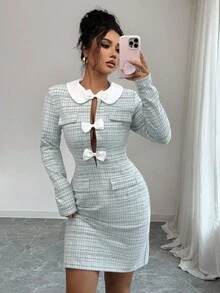Elenzga Damska, nowa, dzianinowa sukienka mini z długim rękawem w kratę i kokardą, jesień/zima 2025 - Czarne i Białe - Zobacz 5