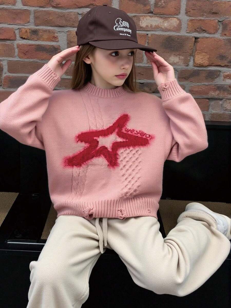 少女宽松休闲针织毛衣，圆领提花星星图案套头衫，长袖针织上衣，时尚，秋冬