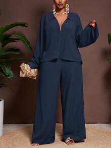 Veslaya 2025新款春夏纯色果酱色V领纯色喇叭袖衬衫和阔腿裤套装 - 藏蓝色 - 查看 1