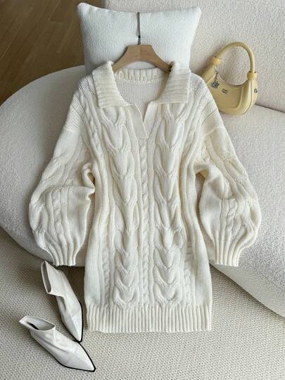 Firerie Women's Solid Color Half-Zip Long Sleeve Dropped Shoulder Casual Knit Cable Knit Drawstring Collar Sweater Dress Jumper Dress Cable Knit Dress Knit Dress White Long Sleeve Dress/Polo Collar Twist Short Slim Straight Long Sleeve Puff Sleeve Stretch Sweater Dress / Casual Commuter Retro College Dress In Fall/Winter