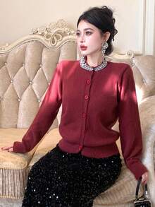 DAZY Women's Elegant Solid Color Rhinestone Embellished Cardigan, Autumn,New Year,Christmas