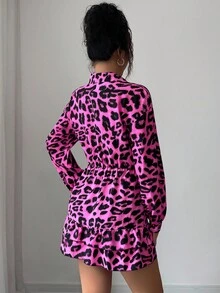 Elenzga Women's Leopard Print Ruffle Hem Long Sleeve Dress - Hot Pink - View 2