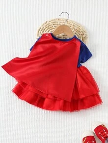 SUPERMAN X Cozy Pixies 2pcs Baby Girl Superhero Pattern Knit Soft Round Neck Short Sleeve Waist Dress With Cape Set - Red - View 2