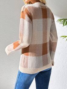 EMERY ROSE Suéter holgado de cuadros de colores bloque, otoño/invierno - Caqui - Ver 2
