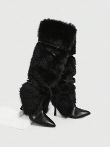 CUCCOO SZL 性感时尚奢华派对尖头细高跟仿皮毛衬里拉链黑色过膝长靴女款 - 黑色 - 查看 4