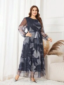 Graceveil Plus Size Long Sleeve Floral Print Mesh Arabic Style Dress - Black - View 5