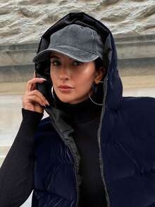 EURMUSE 女士纯色编织加厚保暖天鹅绒外观冬季无袖背心外套连帽衫领短款冬季背心 - 藏蓝色 - 查看 6