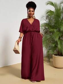 Veslaya 2025 Autumn & Winter New Arrivals, Women's Fall/Halloween/Winter Clothes, Plus Size, Music Festival/Halloween Outfits, Easter, Western, Boho, Birthday Party, Graduation, Student, Casual, Vacation, Cruise, Beach, Sunbathing, Fashionable, Women White Textured Loose Waist Wide Leg Jumpsuit, Plus Size - Burgundy - View 4