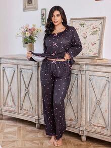 CottageSlumber Conjunto de pijama de manga larga con estampado de corazón, volantes acanalados y lazo para mujer de talla grande, ropa de otoño e invierno para curvas - Negro - Ver 3