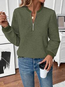 EMERY ROSE Women's Autumn Sweatshirt, Notch Neck, Long Sleeve, Raglan Sleeve, Ribbed Splice, Zipper Decor, Textured Fabric - Green - View 5