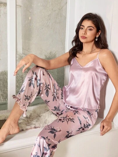 SHEIN LuxeNights 女士花卉印花仿丝吊带背心和裤子睡衣套装