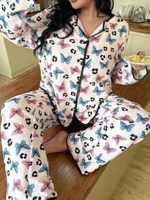 SHEIN Plus Size Women Bubble Crinkle Butterfly Print Long Sleeve Top And Pants Pajama Set, Cozy Outfit, Fall Winter Clothes - Multicolor - View 6