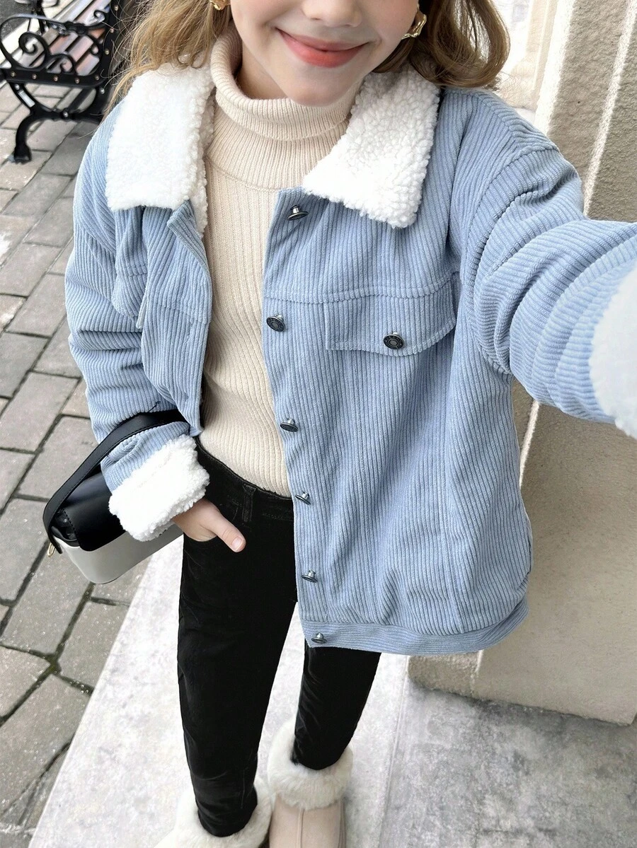 SHEIN 适合青少年女孩的浅蓝色落肩泰迪绒内衬长袖纽扣外套，适合秋冬季穿着 - 藍色 - 查看 1