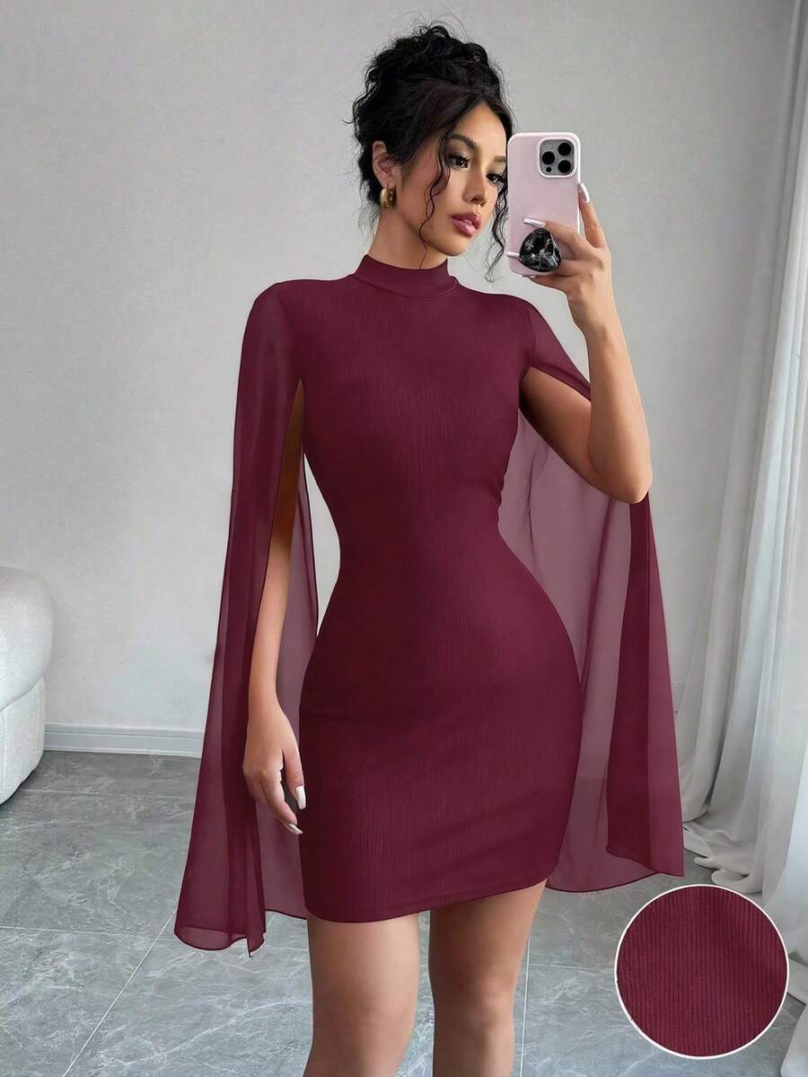 Elenzga Váy ôm sát mini có cổ đứng, màu trơn - Màu Đỏ Sâu - Xem 1