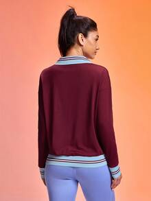 SHEIN Sports Dopamine Color Scheme Women's Long Sleeve Sports Polo Shirt, Spring/Autumn Gym Blouse Sports Shirts For Women Tennis Top Sporty Long Sleeve Sporty Top - Burgundy - View 2
