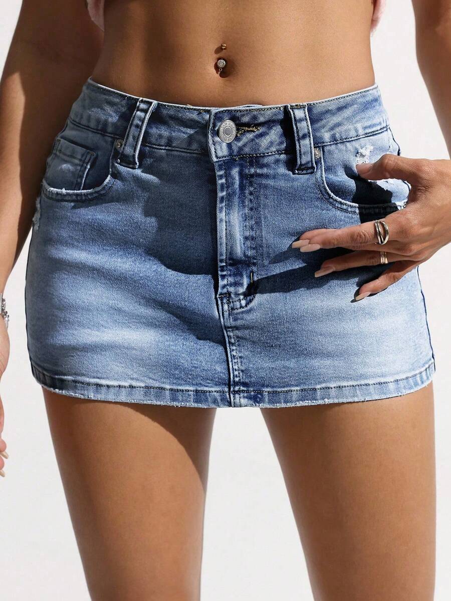 SHEIN ICON Women's Summer Street Fashion Washed Asymmetric Pocket Mini Denim Skirt - Medium Wash - View 1