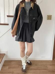 FRIFUL 女式撞色翻领宽松休闲百搭牛仔夹克和外套 - 深灰色 - 查看 2