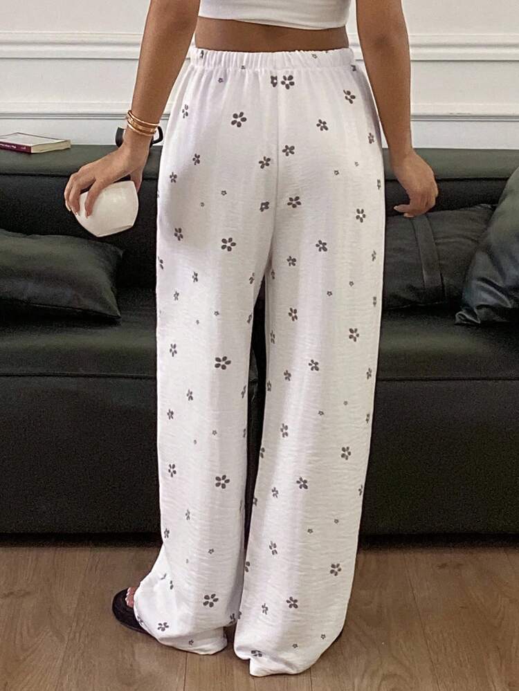 Silver Floral All-Over Print Textured Fabric Loose Women Pajama Bottoms, Winter