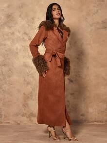 Chiquease Women's Elegant Faux Fur Collar Lined Tie-Up Jacket, Autumn/Winter - Brown - View 3