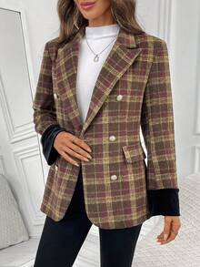 EMERY ROSE 女式格子翻领长袖双排扣休闲西装外套，秋季 - 彩色 - 查看 4