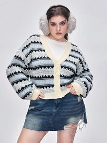 ROMWE Kawaii Große Größen Lässig vielseitiger schlankheitsoptimierender Fair Isle Strickjacke, Herbst/Winter - Grau - Übersicht 7